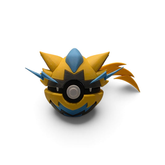 3D printed yellow and black electric thunder feline mythical creature ball front view with blue bolt accents