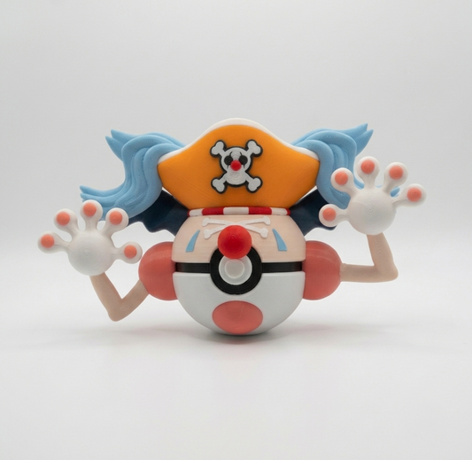 3D printed psychic clown mime and clown pirate captain anime mashup creature ball front view